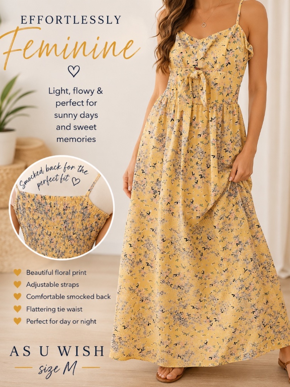 AS U WISH Yellow Floral Maxi Dress Size M Smocked Back Padded Bra